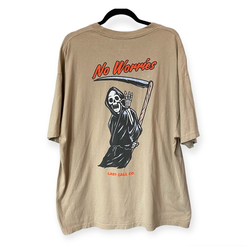 Last Call Co. No Worries Grim Reaper Graphic T-Shirt Tan Size XXL